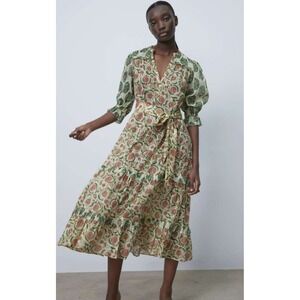 Zara The Dominica Floral Print Midi Dress VNeck 3/4 Sleeve Tiered Tie Waist Boho